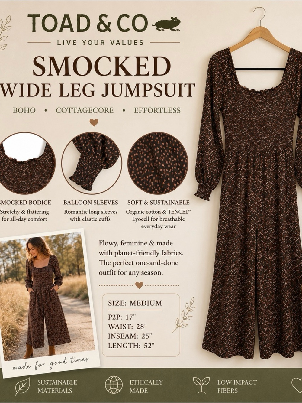 Women’s Smocked Wide Leg Jumpsuit - Brown Floral